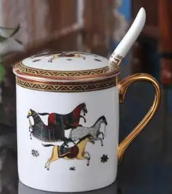 Керамическая кофейная кружка, посуда золотая цепочка на голову кружка для молока с крышкой и ложкой - Цвет: horse mug