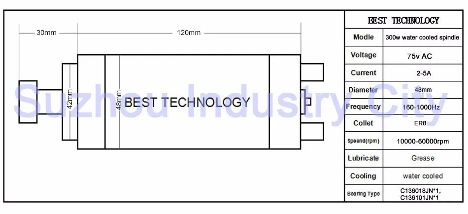 300 Вт Шпиндельный мотор с водяным охлаждением ЧПУ ER08 для гравировки, фрезерования, шлифовки 75В переменного тока 48x120 мм импортные керамические подшипники