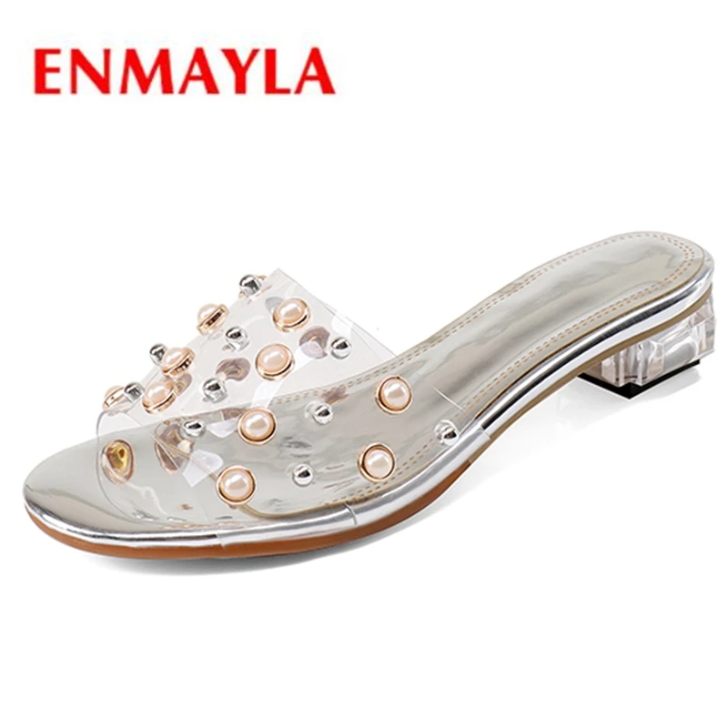 

ENMAYLA New style 2018 women Transparent sandals sweet Colorful gemstone square heels elegant lady slipper size 34-39 ZYL040