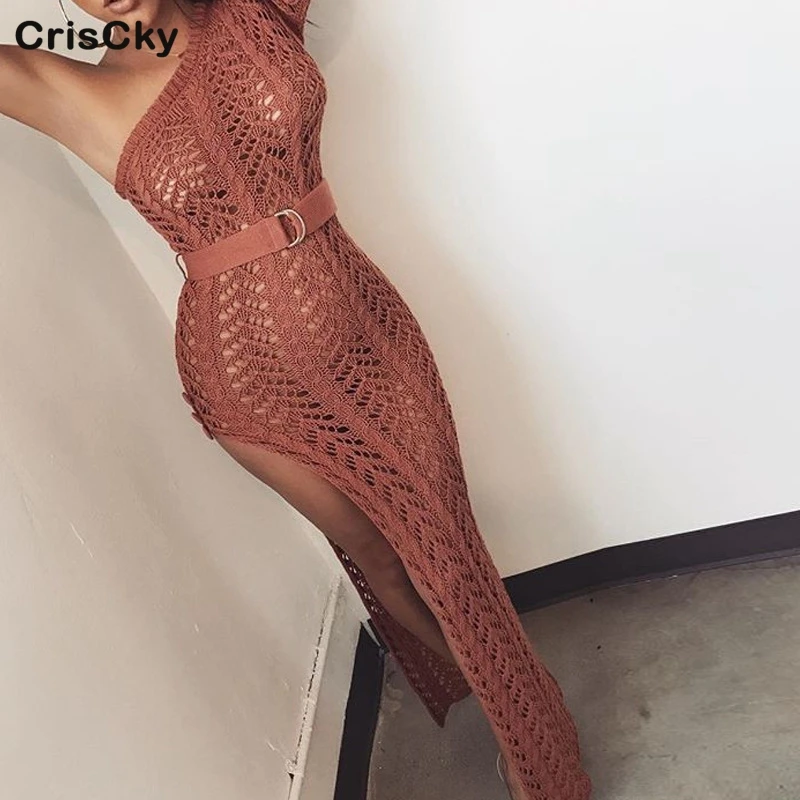 CRISCKY New Woman Solid Dress Female Long Sleeve One-Shoulder Knitted Hollow Out Slit Dress Ladies Sexy Beach Party Belt Dresses