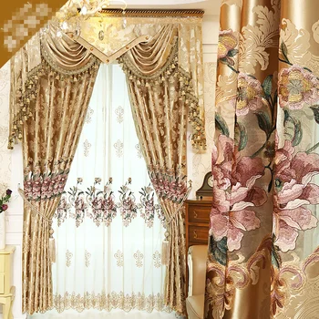 

Custom curtain European style luxury hollow embroidered curtains living room curtain gold color cloth blackout curtain E729