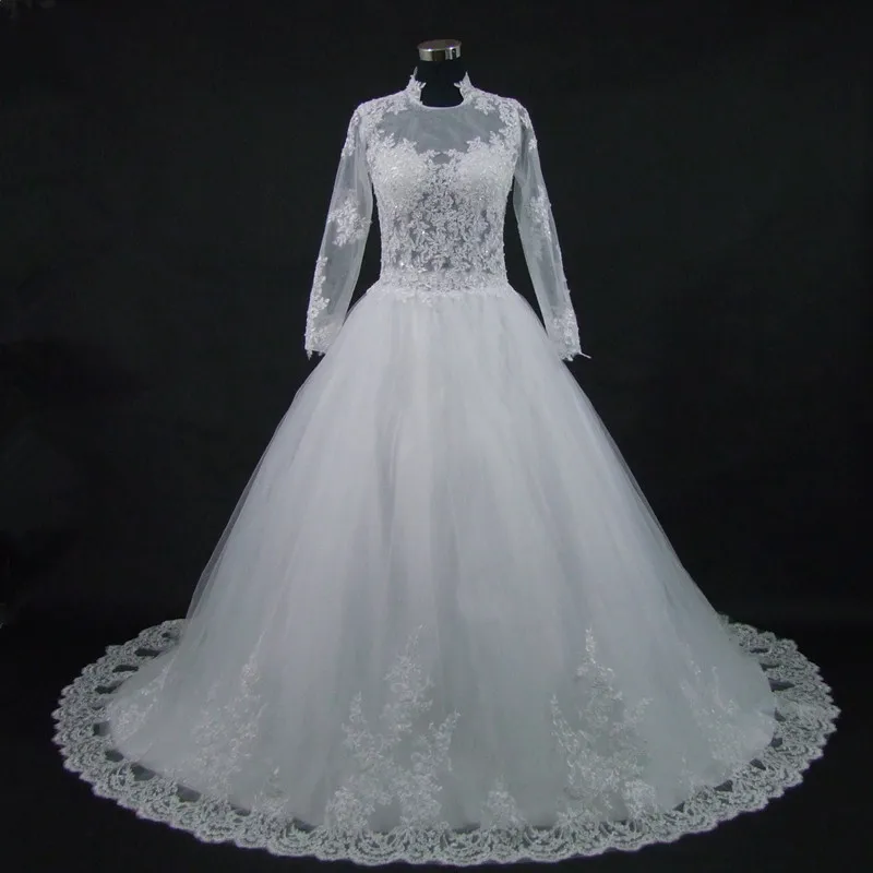 Appliques Vestidos New Amazing Train Wedding Dress Stunning Neck Vestido De Noiva Customized Wedding Bridal Gowns 5