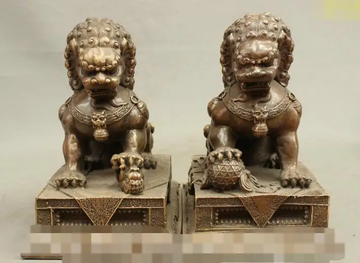 

S03951 10" Chinese Bronze Copper Fengshui Foo Fu Dog Guardion Door Lion Leo Pair Statue