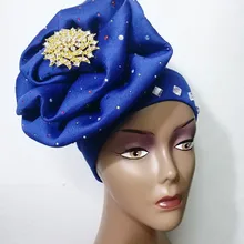 Уже сделанный головной убор aso ebi с камнем и брошью для африканского кружева