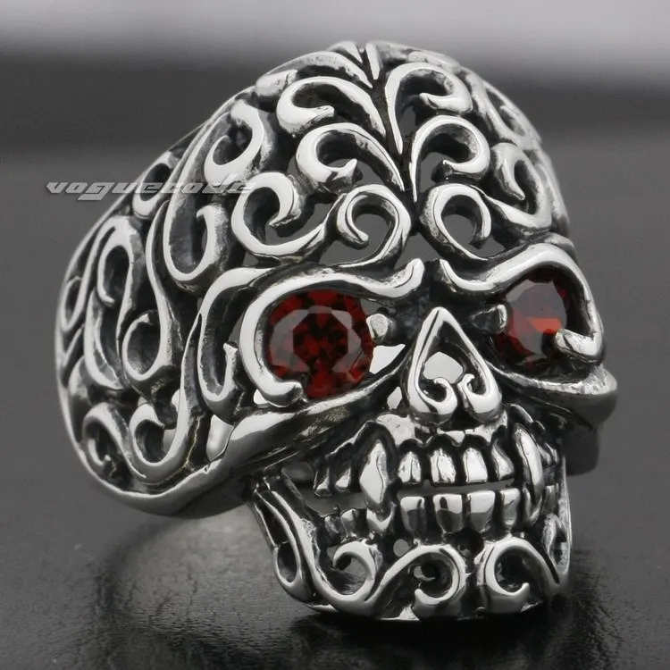 

925 Sterling Silver Flourish Swirls Skull Red CZ Stone Mens Biker Ring 9G002
