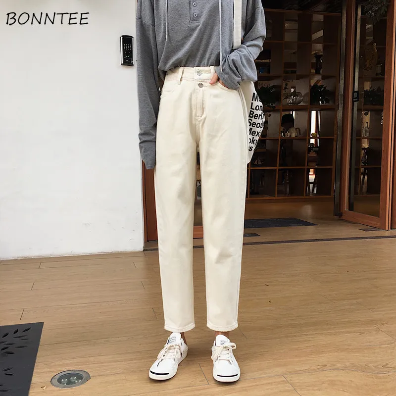 

Jeans Women Spring 2019 New Students Women's High-waist Loose High-quality Korean Style Solid Simple Daily Elegant Lovely Ladies