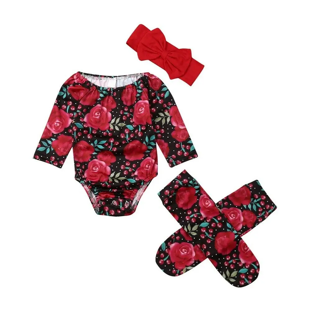 

0-24M Cute Newborn Baby Girl Long Sleeve Off shoulder Floral Bodysuit Jumpsuit Headband Leg Warmer Outfits Baby Clothes