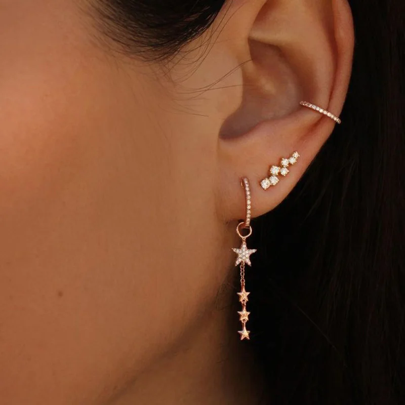 

2019 luxury women fashion jewelry AAA+ cubic zirconia cz dangle star charm clip on rose gold color fashion delicate earring star
