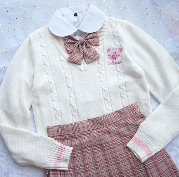Kawaii Cute Piggy Embroidery Sweater Japanese Korea Preppy Style School JK Uniform Women's V-Neck Long Sleeve Knitted Sweater