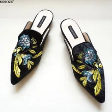 2017 Women Embroidery Velet Mules Fur Slides Chiara Ferragni Furry Slipper Med Heel Flip Flops Slipony Slip On Sandals Shoes