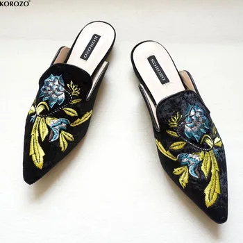 

2018 Women Embroidery Velet Mules Slides Chiara Ferragni Dress Slipper 1.5cm Heel Flip Flops Slipony Slip On Sandals Shoes