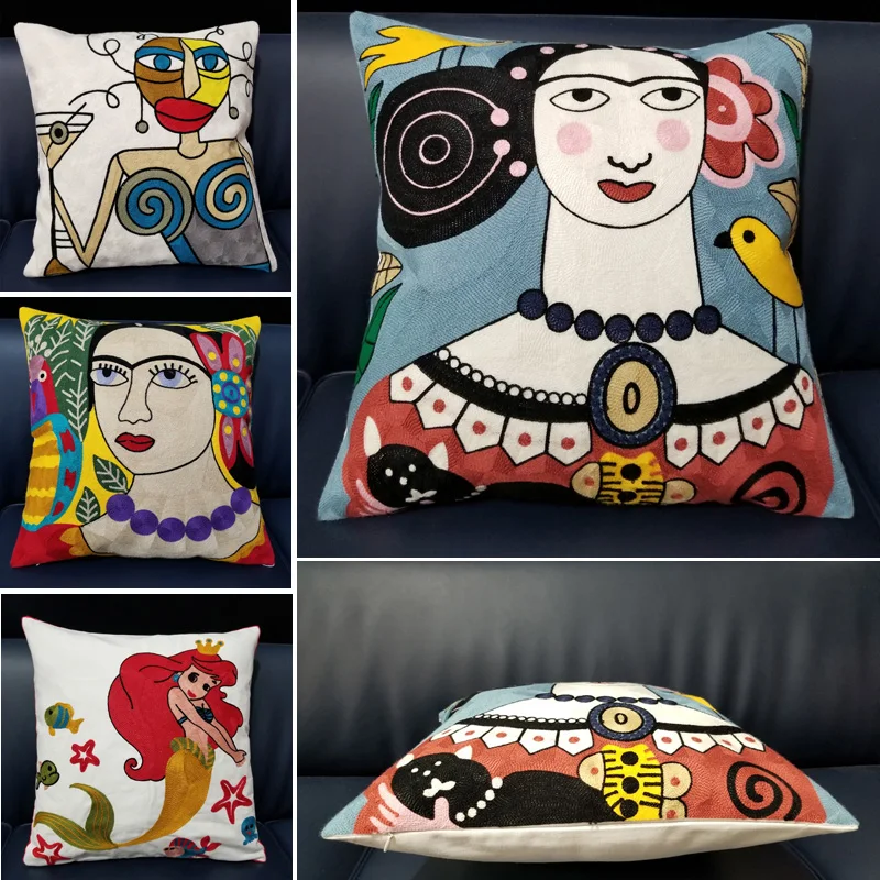 

Home Decor Embroidered Cushion Cover Mermaid Princess Canvas Cotton Embroidery Pillow Cover 45x45cm Pillow cojines coussin
