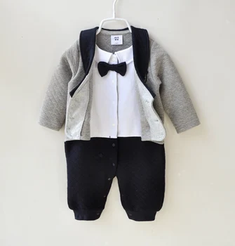 

New Fall Baby Boy Cotton Jumpsuit Rompe Gentleman Shirt Gray Overall Bodysuit Infant Boys Clothes Born Gift 3m 6m 9m 12m