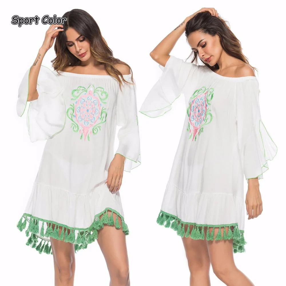 

Popular Off Shoulder Women Sexy Swimsuit Cover Up Popular Beach Dress Beach Cover Lady Embroidery Pareo Sarongs Bikini Tunic