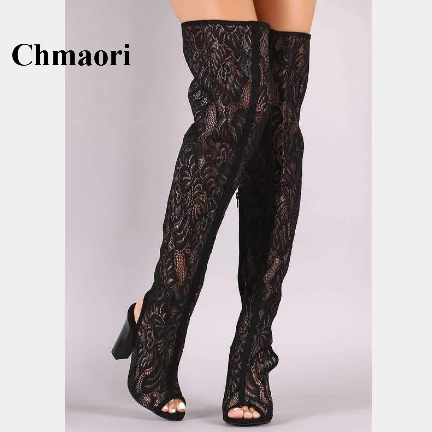 

2018 Spring And Autumn Black Lace Flower Long Tube Over-The-Knee Peep Toe Women Boots Fashion Sexy Square Heel Solid Boots