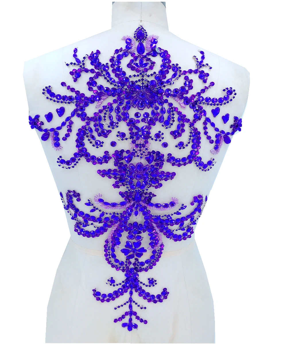 sew on purple rhinestones applique on mesh 52*33cm patches trim for