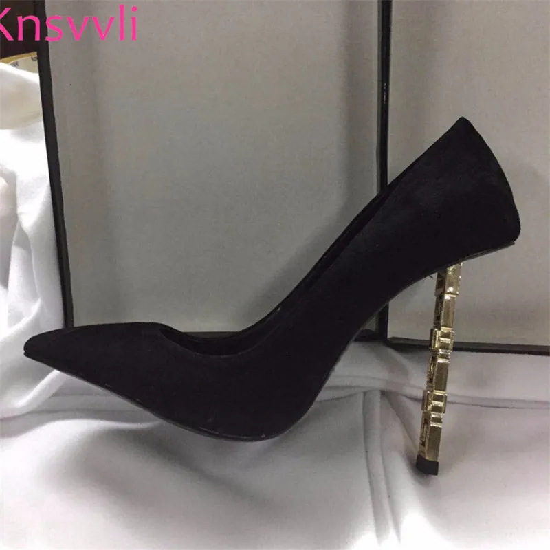 Knsvvli новые металлические странный стиль каблука Обувь для подиума черные женские туфли-лодочки стиле, из натуральной кожи, с острым носком; обувь на высоком каблуке Для женщин класса люкс