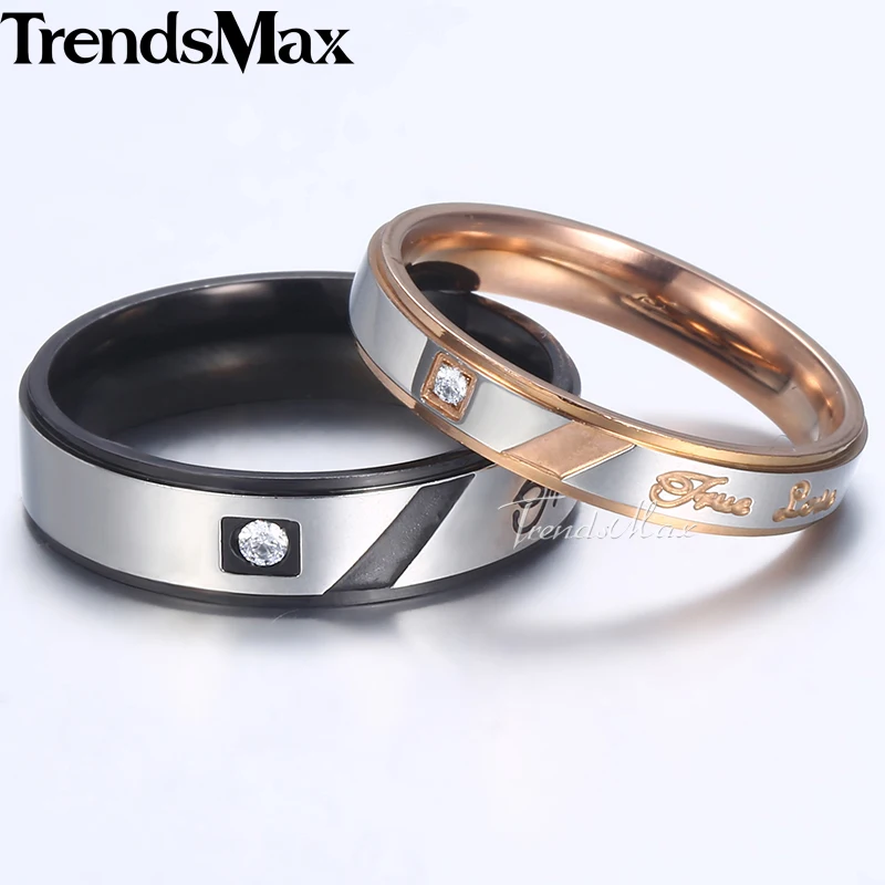 Trendsmax Couples Rings Rose Gold Black Silver Tone Stainless Steel Wedding Band Paved CZ Engagement Jewelry For Women KKRM37