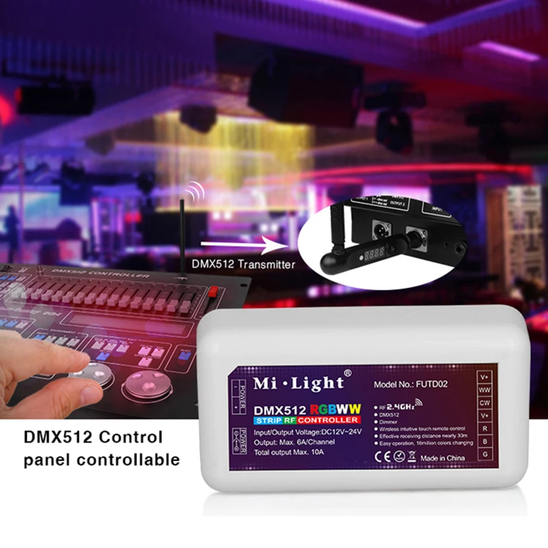 

Mi Light FUTD02 DMX512 RGBWW stip controller DC12V-24V Wireless 2.4G RF Wireless RGB+CCT DMX512 control panel controllable