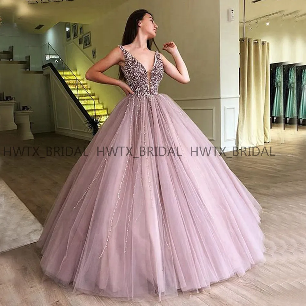 

Ball Gown Quinceanera Dresses 2019 V Neck Luxury Beading Blush Pink Tulle Masquerade Long Party Prom Dress Vestidos de 15 Custom