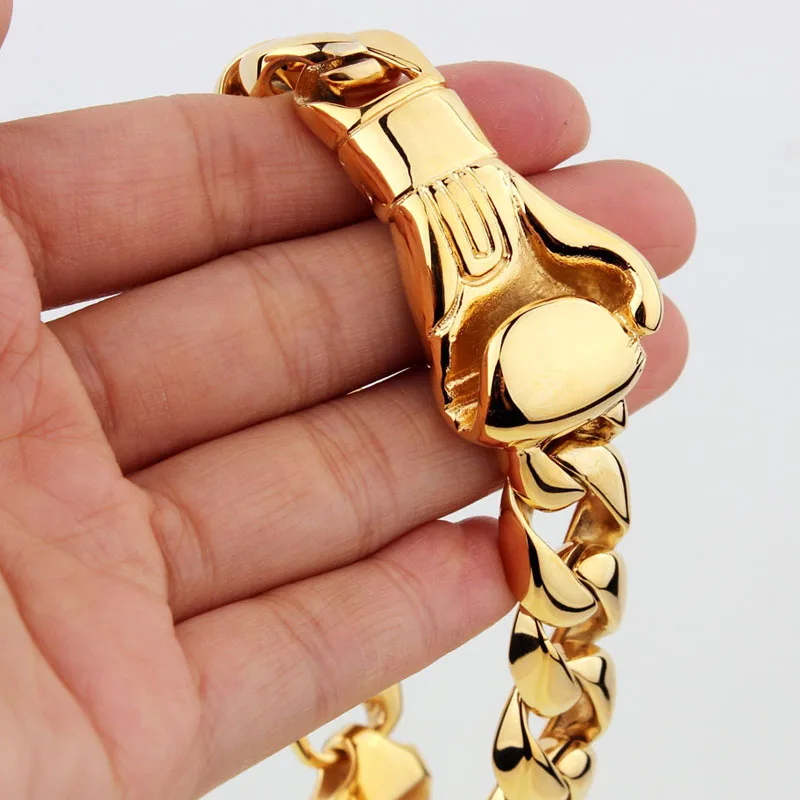 15*220 мм боксерские перчатки из нержавеющей стали кубинские браслеты с цепными звеньями браслет для мужчин хип-хоп рок ювелирные изделия Золото Серебро Цвет - Окраска металла: Gold