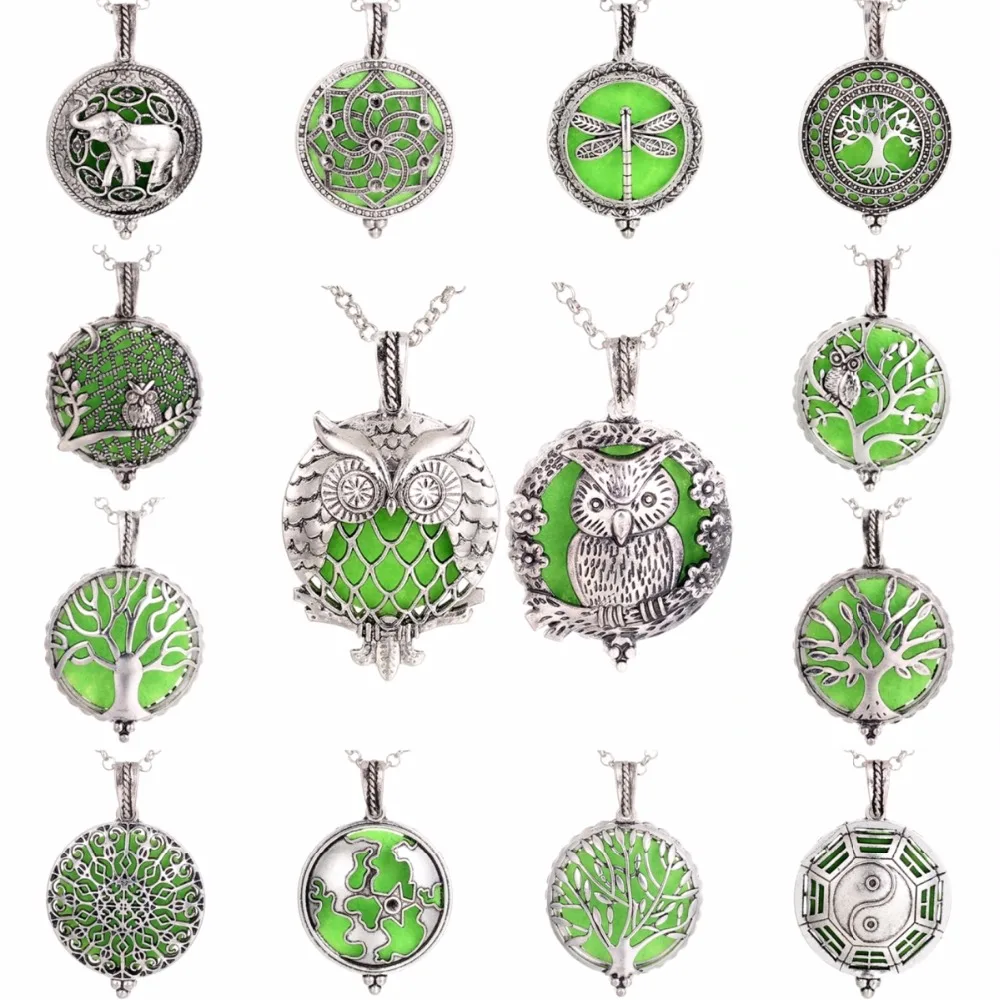 

1PC Antiqued Silver Owl Lucky Elephant Tree Lotus Aroma Necklace Essential Oil Diffuser Magnetic Closure Locket Bohemia Necklace