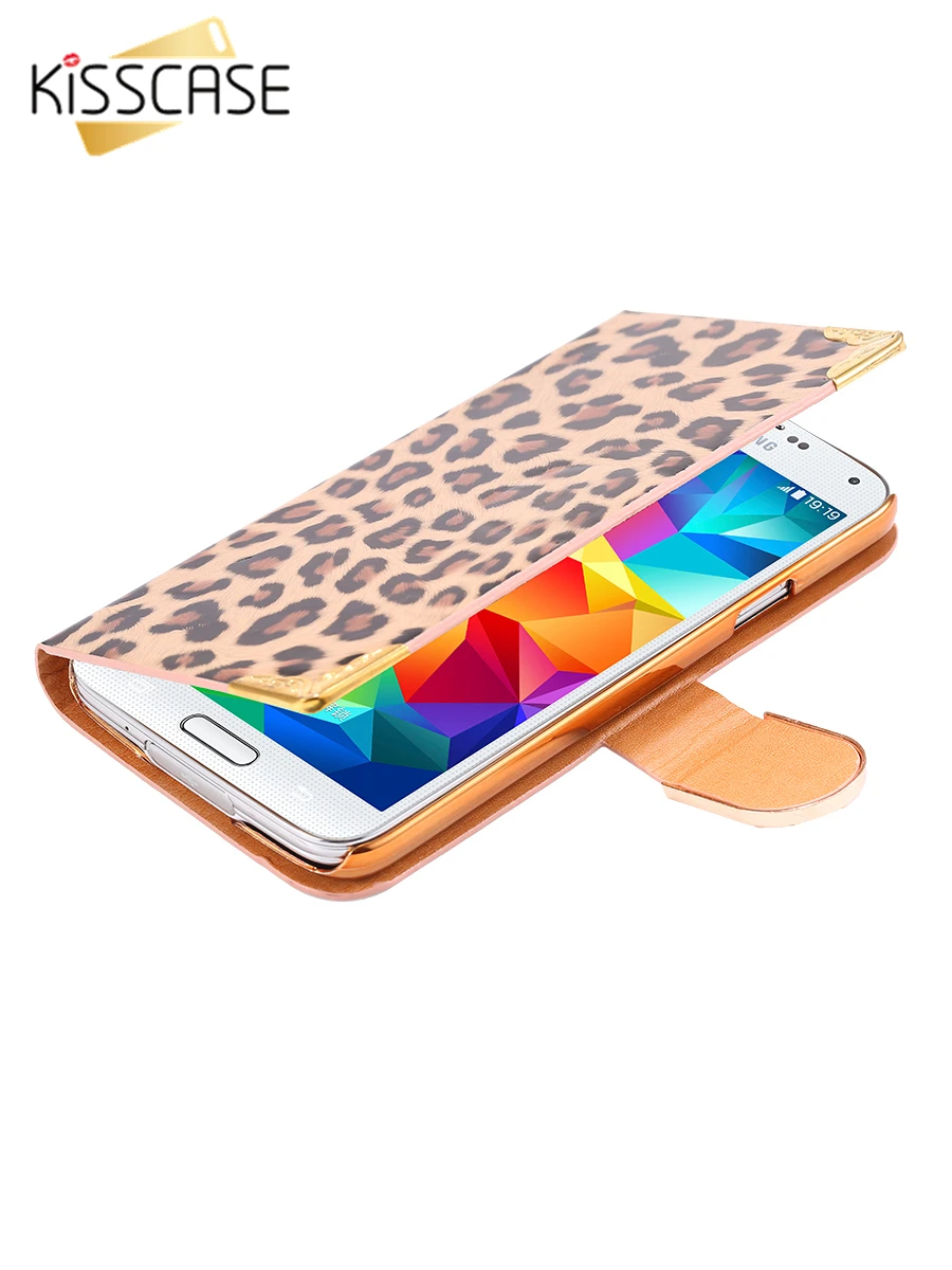 Модный Леопардовый флип чехол KISSCASE для Samsung S5 S6 S7 Edge S8 Plus кожаный со стразами Note 4