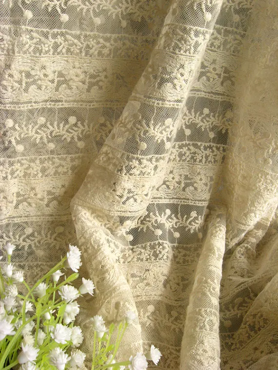 

ivory embroidered gauze lace fabric, retro floral scalloped trim vintage style lace fabric