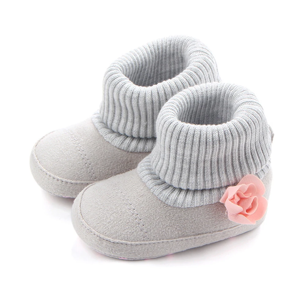 

High Quality Newborn fashion baby girl warm woolen yarn booties with flower toddler girls high boots prewalker