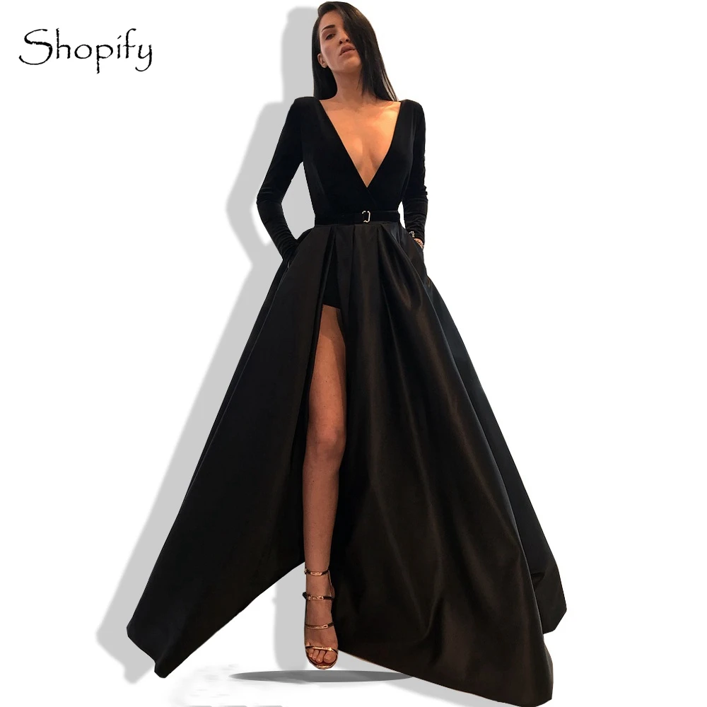 

Long Evening Dress 2019 Sexy Deep V-neck Long Sleeve High Slit Arabic Style Black Formal Women Evening Gowns