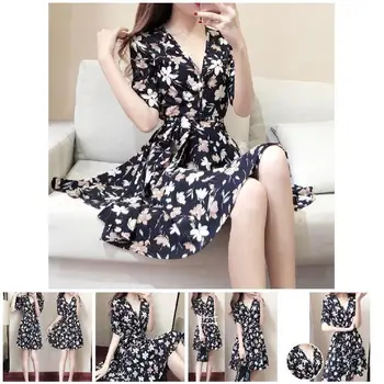 

1 Pcs Women Lady Dress Floral Printing V Neck Medium Length Fashion for Summer BMF88