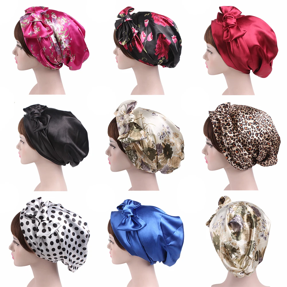 

2019 fashion Women night sleeping cap head wrap Bowknot Turban Pre Tied Fitted silk satin Bandana Chemo cap Head for hair