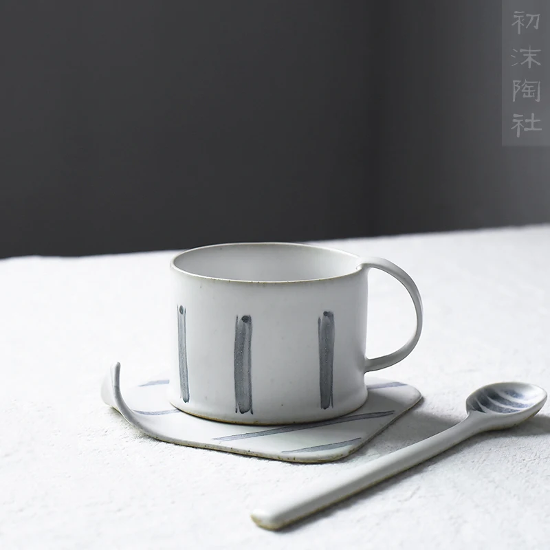 

Handmade crude pottery Japanese simple creative hand painted art retro coffee cup dish spoon set milk tea breakfast ceramic mug