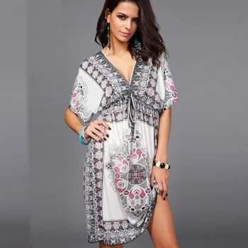 

2019 Summer Batwing Sleeve Boho Dress Fashion Vintage Floral Printed Milk Silk Sexy V Neck Backless Sundress Tunic Beach Dress
