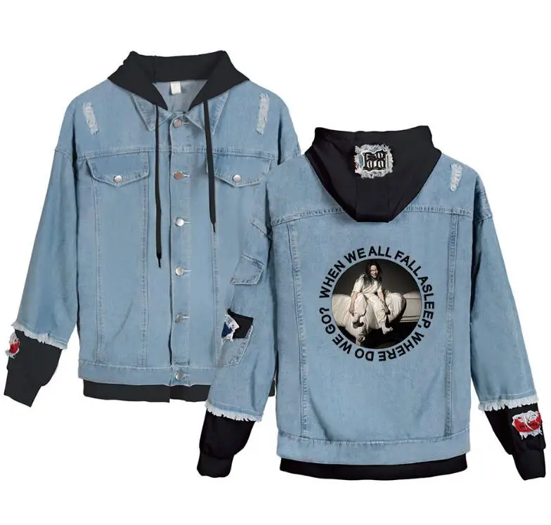

New Printing Denim Jacket Men Women Billie Eilish Hoodies Fashion Sweatshirt Jackets Fake Two Pieces Mens Clothes