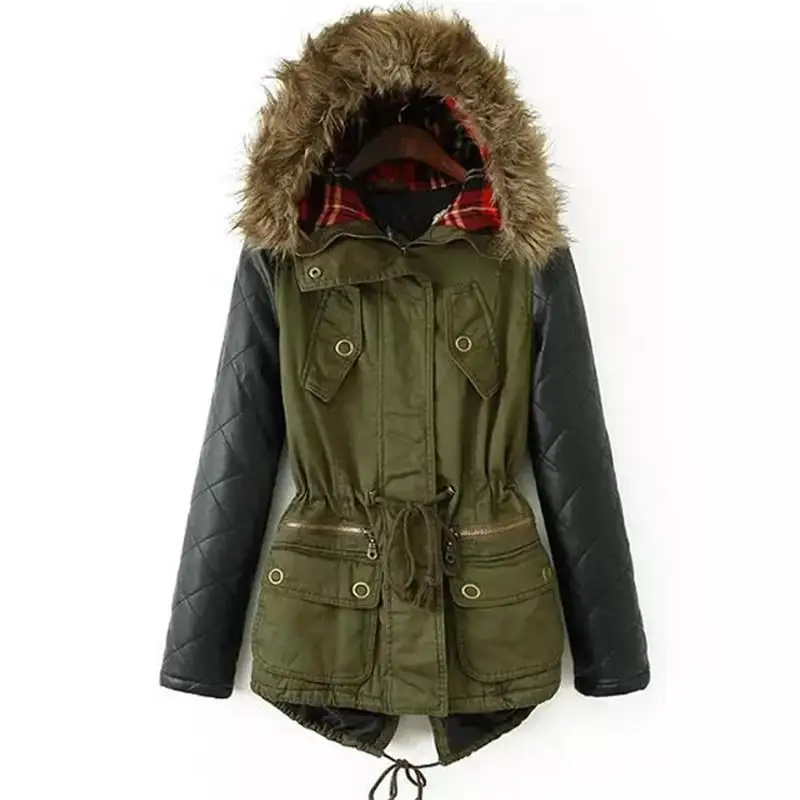 

2016 Winter Jacket Women Down Parka Plus Size Cotton Padded Coat Fur Hooded Outwear PU Leather Sleeve Winter Coat Women