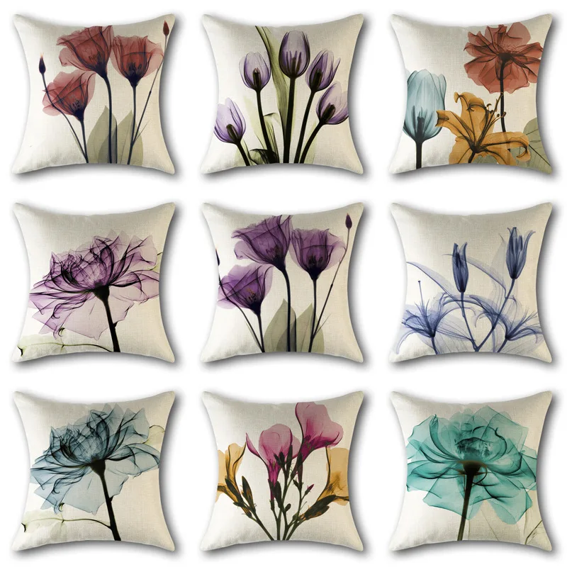 

Flower Pattern Cotton Linen Cushion Cover Vintage Style Flowers Pattern Pillowcase Waist Throw Pillows Cover Home Car Sofa Decor