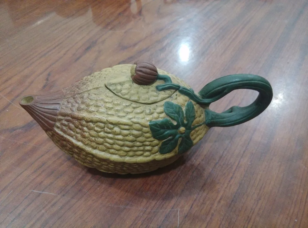 Old Chinese Handcraft Enameled Yixing Zi Sha Clay (yellow Stoneware) Teapot ,fruit,with Mark
