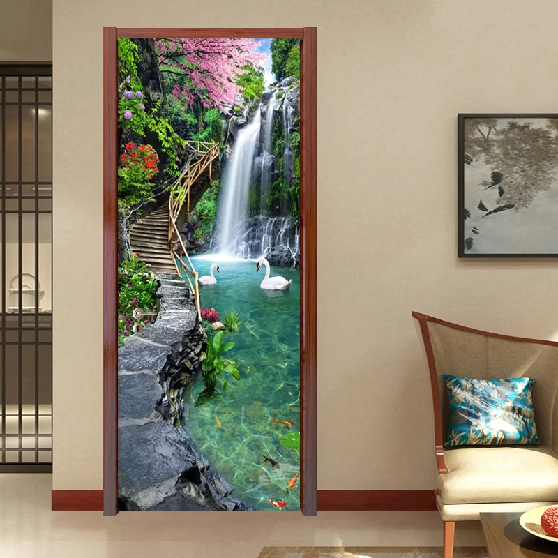 salat Abe sy 3D Nature Landscape Waterfalls Door Wall Sticker Living Room Kitchen PVC  Self Adhesive Waterproof Sticker On The Doors Wallpaper|Door Stickers| -  AliExpress