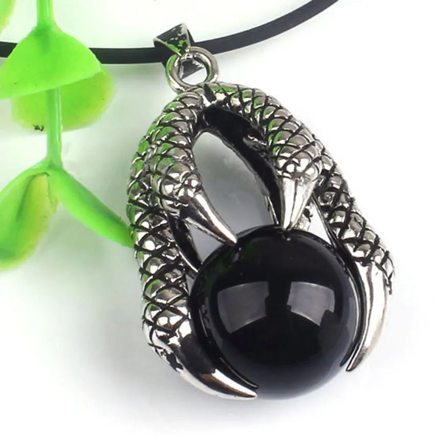 

FYJS Unique Silver Plated Dragon Claw Black Agates Pendant with Rope Chain Necklace Amulet Jewelry