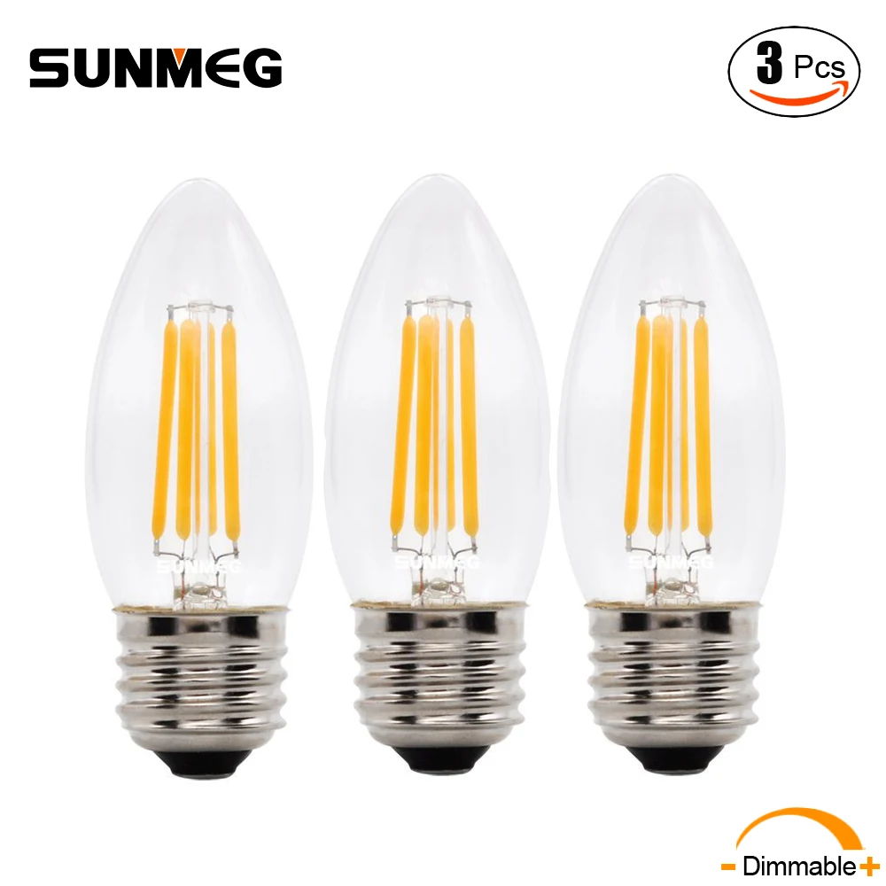 SUNMEG 3Pcs B11 Chandelier Filament LED Bulbs E26 E12 110V 2W/4W/6W