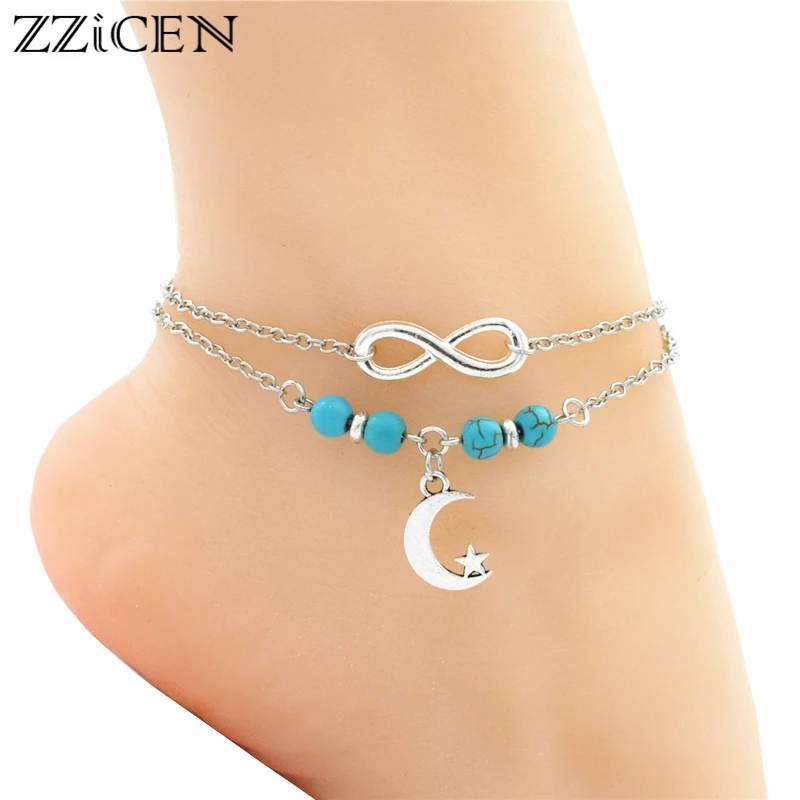 

New Women's Fashion Antique Silver Star Moon Charm Pendant Infinity Anklets Foot Chain Green Beads Barefoot Sandals Jewelry