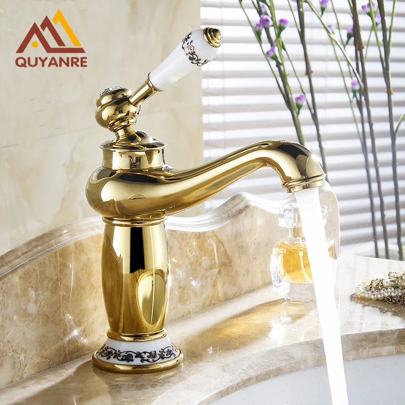 Contemporary Antique Brass/Golden Basin Faucets with Blue and White