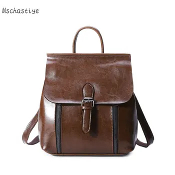 

Genuine Leather Backpack Mschastiye 2018 Women High Quality Women's Backpacks Solid Travel Bags Female Black School bag