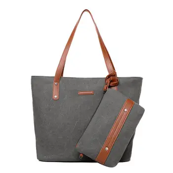 

Women Portable Large Canvas Shoulder Bag Handbag with Small Purse(gray)