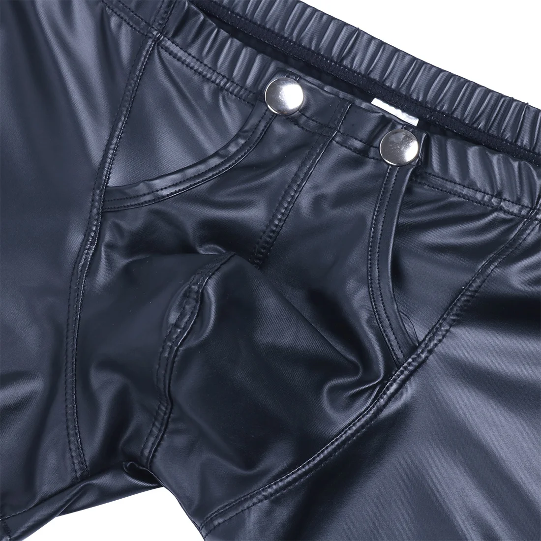 Fashion Sexy Men Lingerie Faux Leather Shorts Underpants Underwear Press Button with Bulge Pouch Nightwear Panties