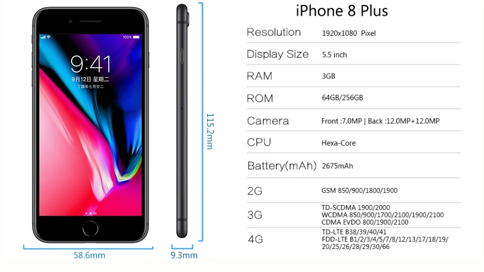 Apple iPhone 8 Plus, шестиядерный процессор, iOS, 3 ГБ ОЗУ, 64 ГБ/256 Гб ПЗУ, 5,5 дюйма, 12 МП, 1080 P, Wi-Fi, отпечаток пальца, 4G, LTE, 8 P, 8 Plus, мобильный телефон