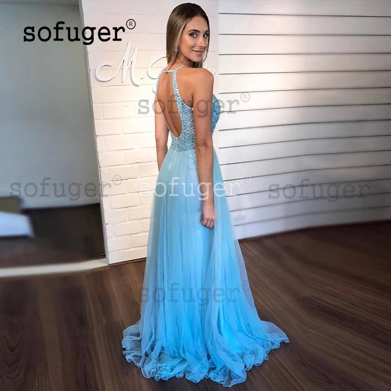 Sofuge Light Blue Evening Dresses Beads Backless Pleat Tulle Arabic Muslim Special Occasion
