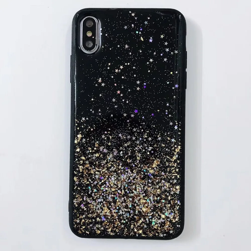 HUANQING Flash powder starry sky gold foil mobile phone shell For iPhone 6 6S 7 7Plus 8 8Plus fashion For XR XS Max luxury Phone case6