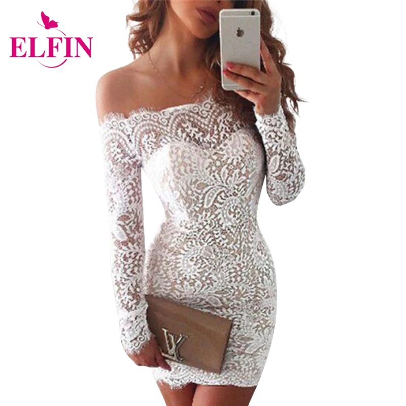 

Lace Dress Women Sexy Bodycon Slash Neck Long Sleeve Party Dresses Women Clothing Vestidos LJ8049R